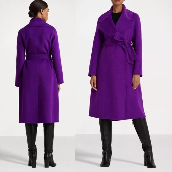 NEW Lauren Ralph Lauren Double-Faced Wool-Blend Wrap Coat Luxe Purple Size 14
